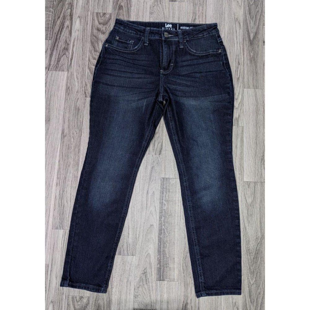 Lee Riders Size 6 Petite Mid Rise Skinny Whiskered Denim Blue Jeans
